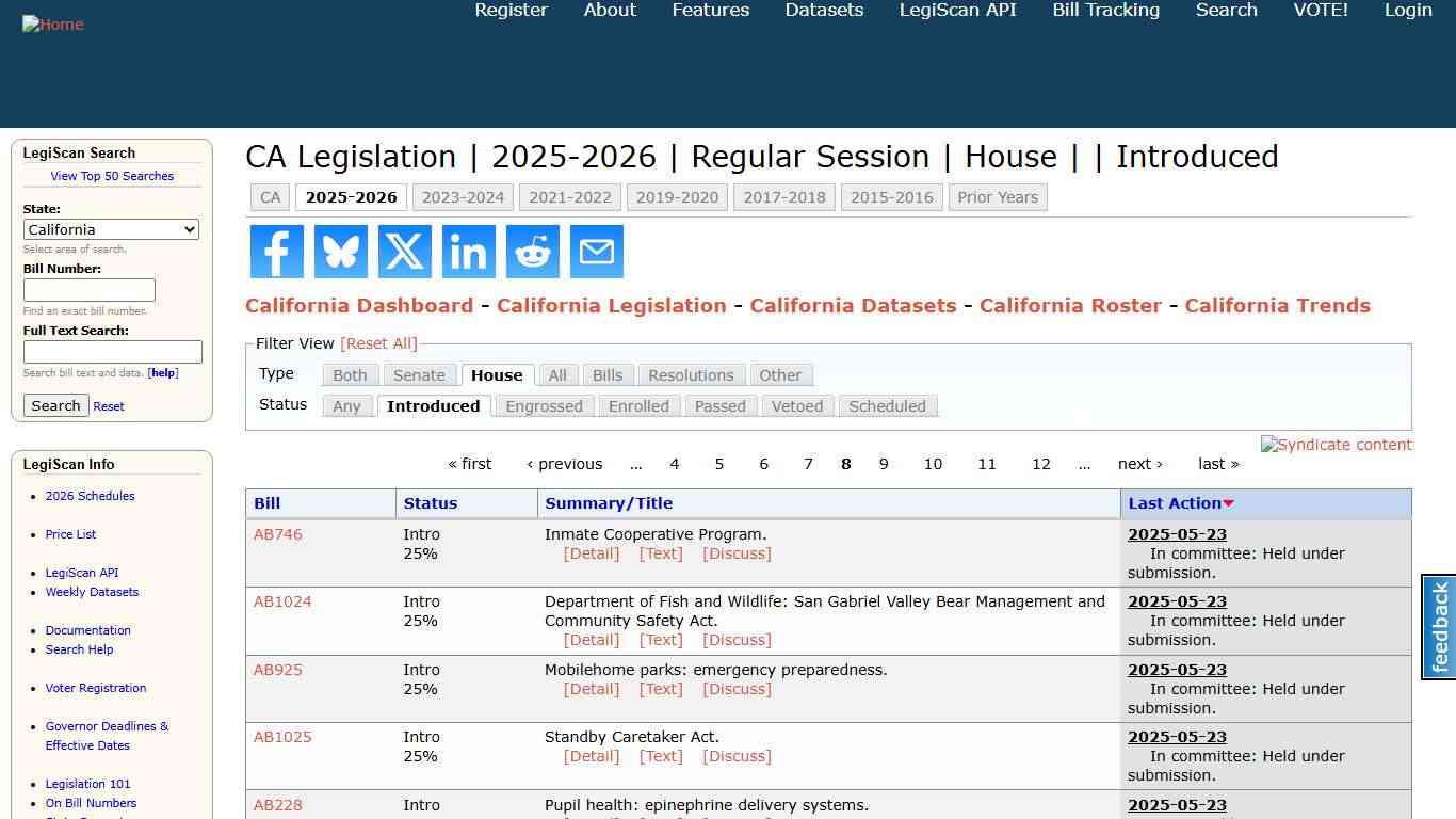 CA Legislation 2025-2026 Regular Session House | Introduced LegiScan